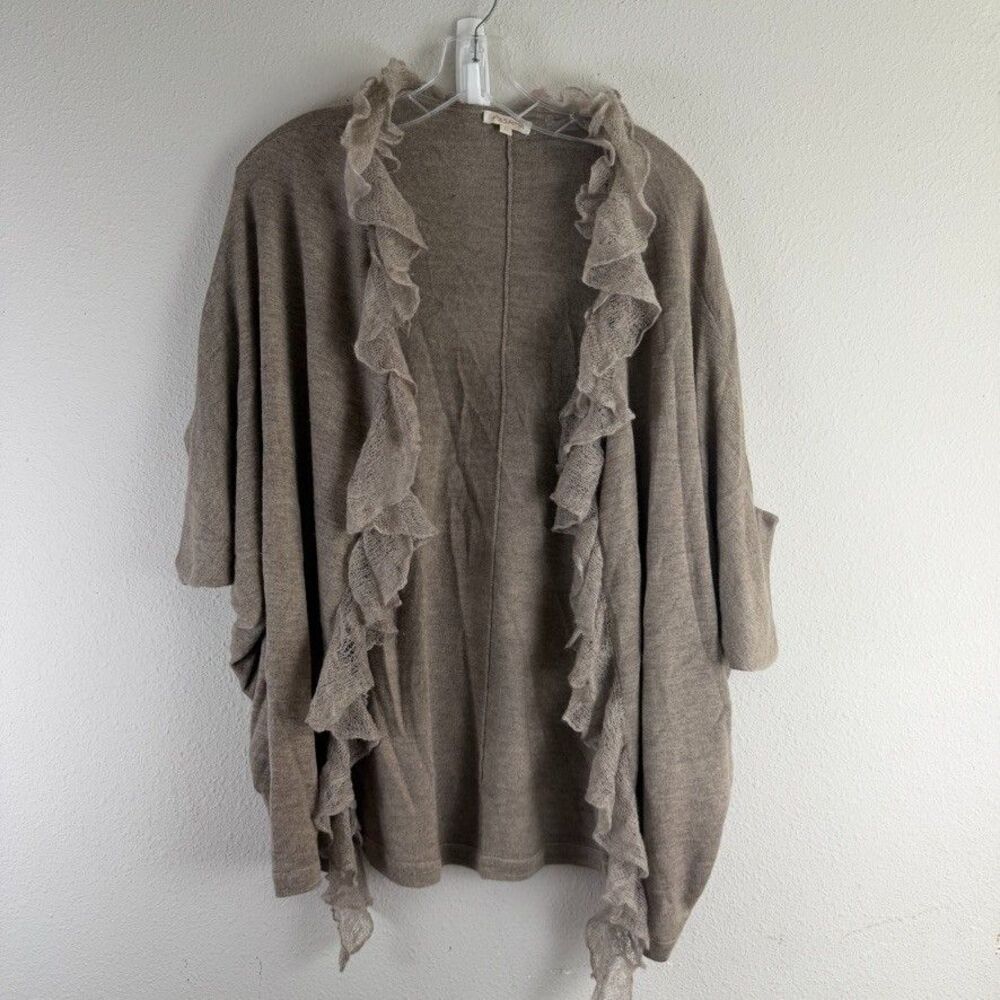 Pashma Cashmere Ruffled Shawl Cardigan M Taupe Brown Knit Open Front Wrap Poncho